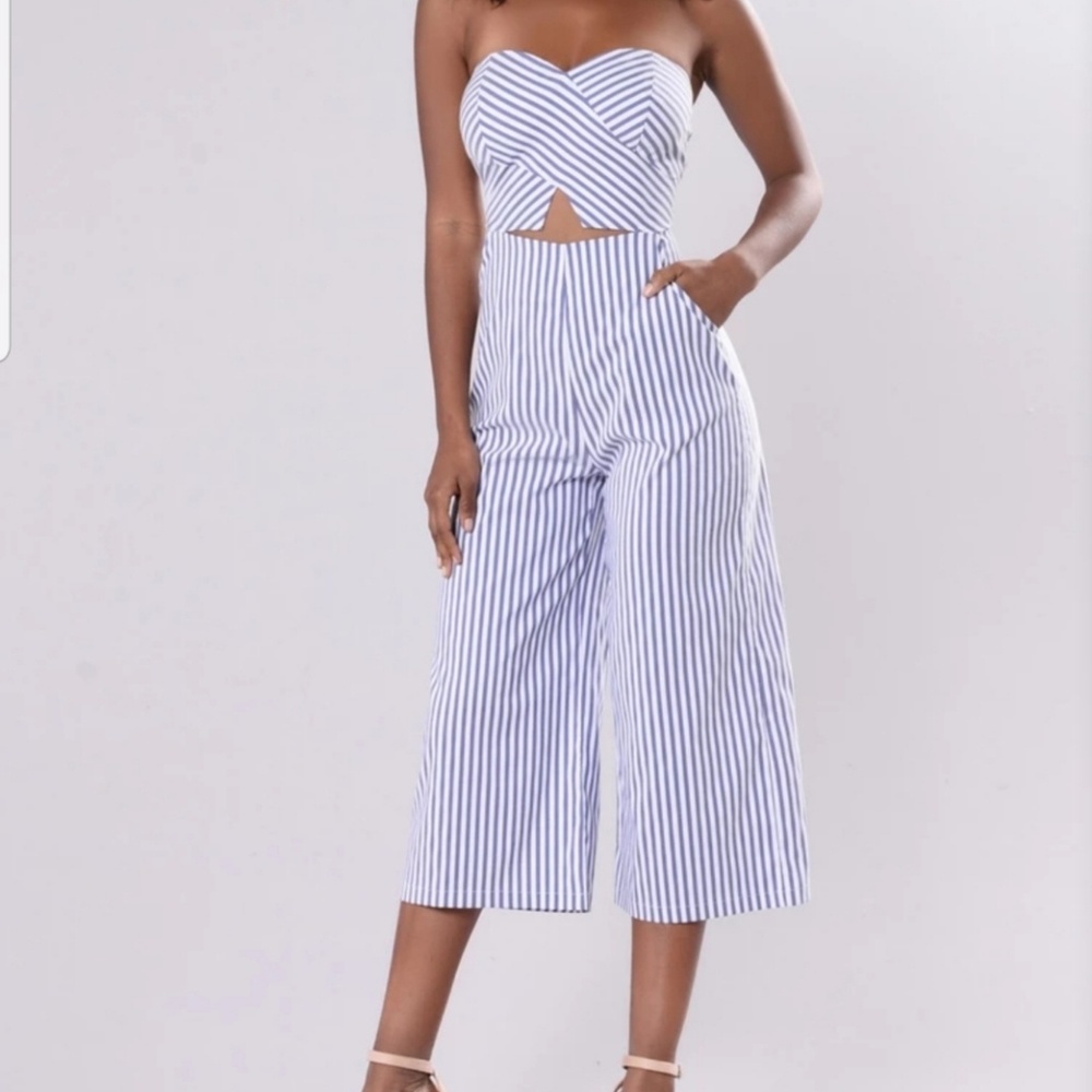 Denim and white striped jumpsuit